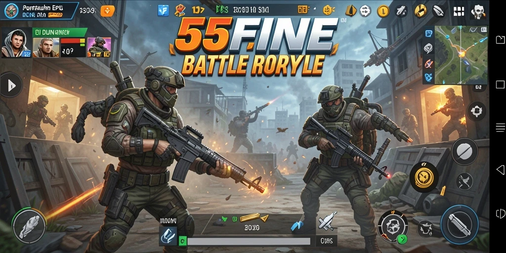 Tangkapan layar dari gameplay 55FIVE yang mendebarkan di arena Battle Royale.