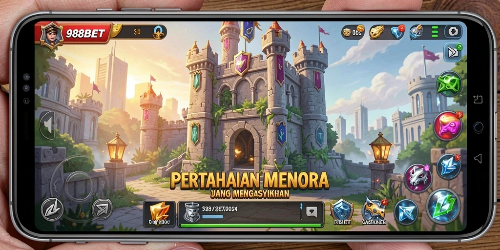 Screenshot gameplay 988BET menampilkan pertarungan pertahanan menara yang seru.