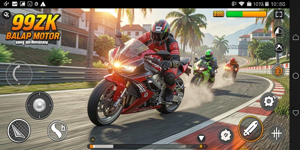 Screenshot gameplay 99ZK dengan aksi balap motor yang mendebarkan.