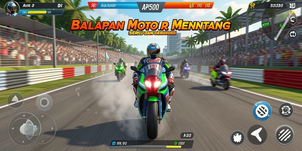 Screenshot tampilan gameplay seru dari API5000 yang menunjukkan balapan motor.