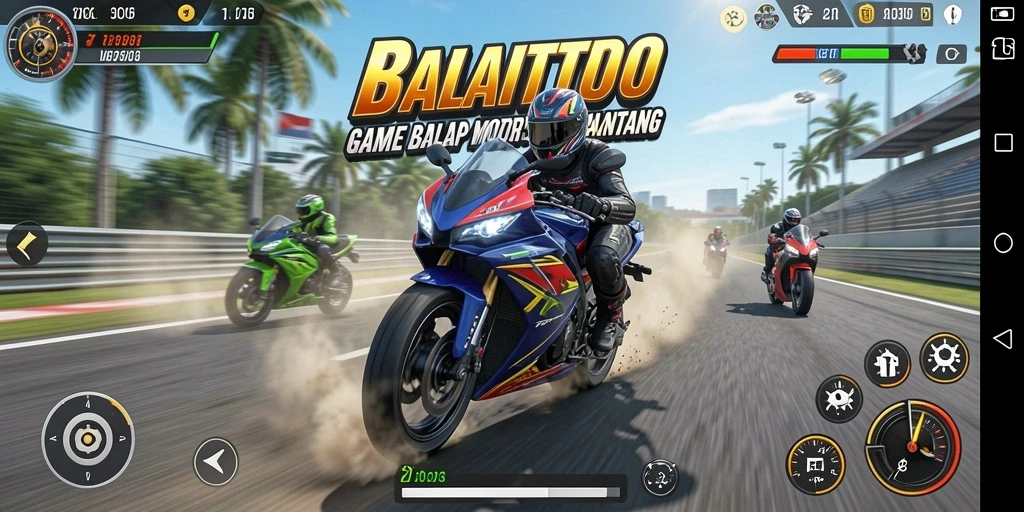Screenshot gameplay BALAITOTO yang menunjukkan balapan motor yang intens.