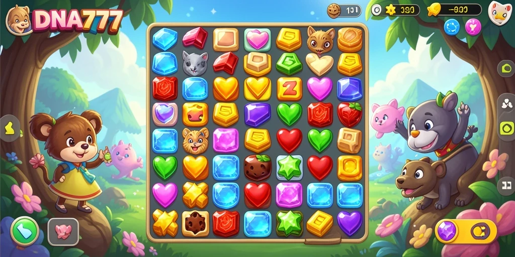 Tampilan gameplay DNA777 dengan berbagai kombinasi warna yang menarik.