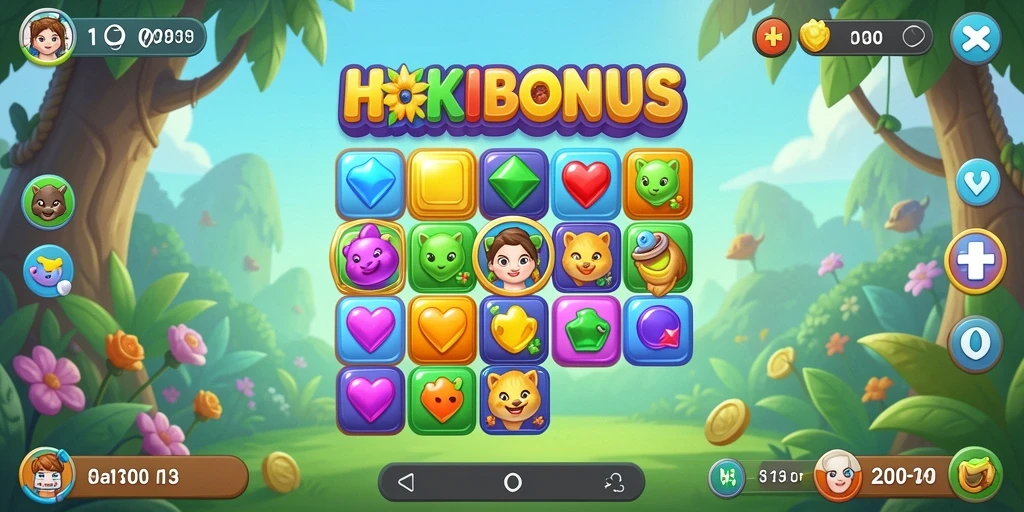Screenshot HOKIBONUS menunjukkan aksi mencocokkan buah warna-warni.