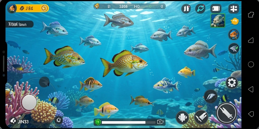 Tampilan gameplay JIN33 dengan ikan-ikan berwarna-warni untuk ditembak.