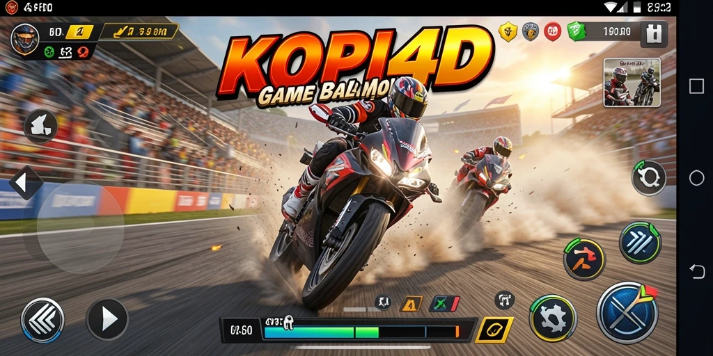 Tampilan gameplay KOPI4D dengan aksi balap motor yang seru.