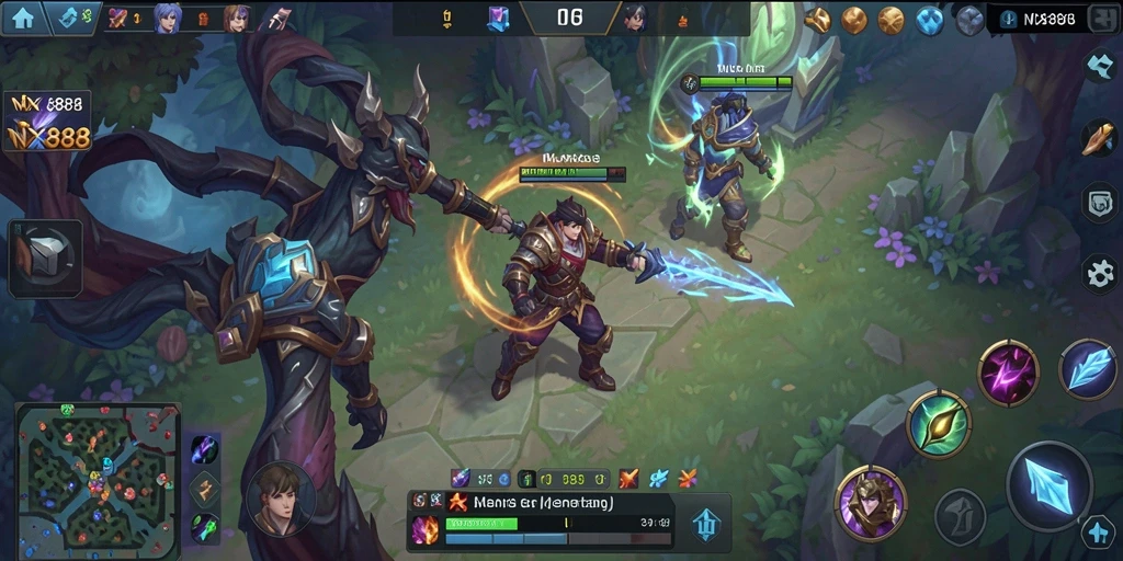 Gameplay <strong>NX888</strong> menampilkan pertarungan MOBA yang seru dan strategis.