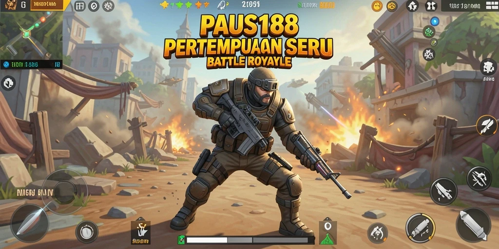 Screenshot utama PAUS188 menampilkan aksi pertempuran seru dalam arena Battle Royale.