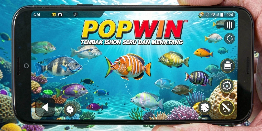 Screenshot gameplay POPWIN dengan ikan dan senjata menarik.