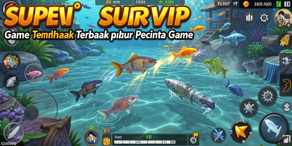 Tangkapan layar gameplay SUPERVIP dengan ikan berwarna-warni dan aksi menembak.