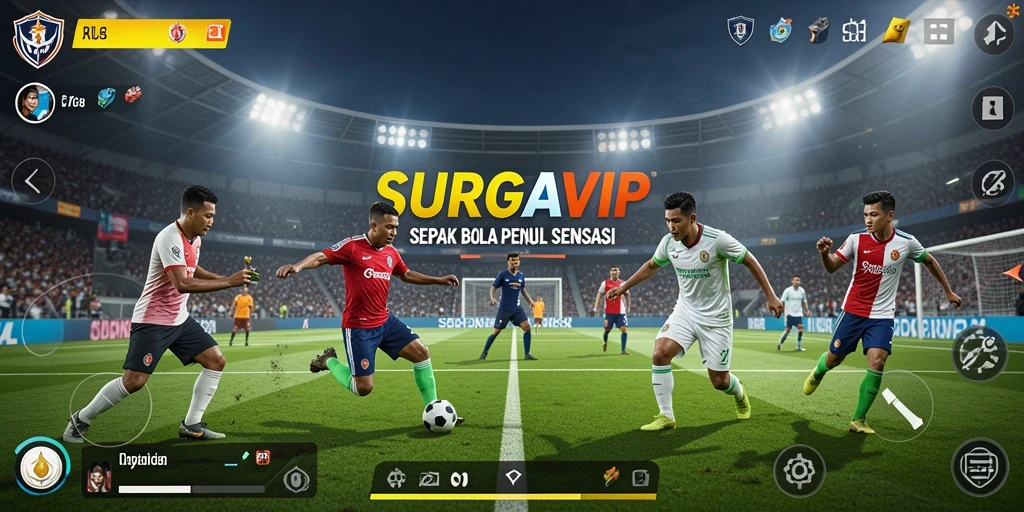 Screenshot SURGAVIP menampilkan aksi seru dalam permainan sepak bola.