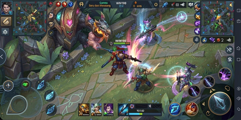Tampilan gameplay <strong>WIN199</strong> dengan aksi pertempuran MOBA yang seru.